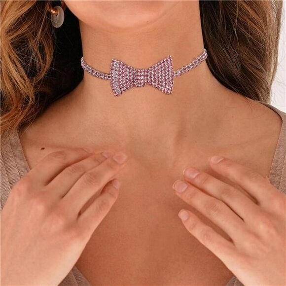 Women's Pink Rhinestone Bowtie Choker Necklace – Glamorous Adjustable Statement - Picture 6 of 8